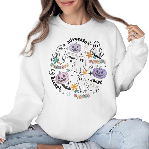 Special Education Teacher Halloween Pumpkin Ghost Inclusion Women Crewneck Sweatshirt - teacherstshirts.com UK
