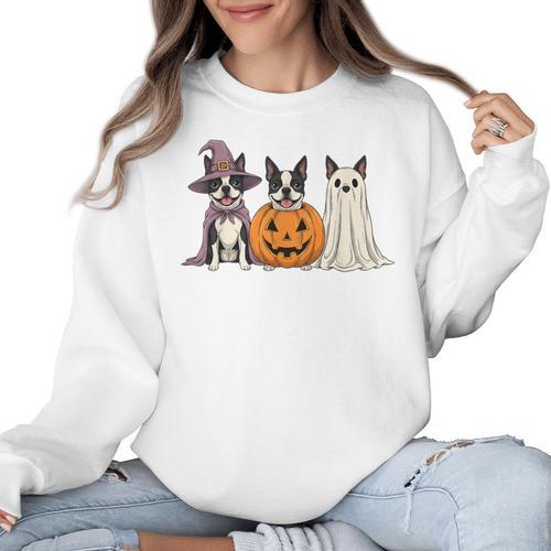 Spooky Ghost Boston Terrier Pumpkin Halloween Dog Lover Women Crewneck Sweatshirt - Bostonterriersmerch.com