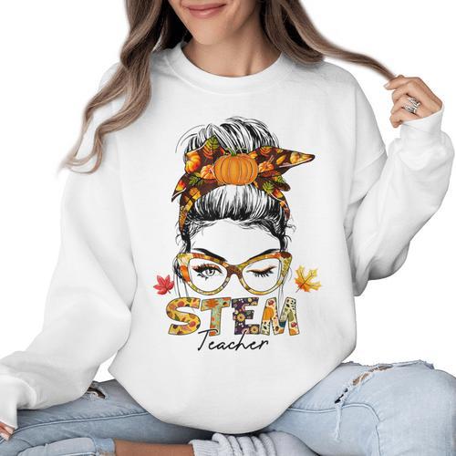 STEM Teacher Messy Bun Fall Vibes Autumn Thanksgiving Men Women Women Crewneck Sweatshirt - teacherstshirts.com CA