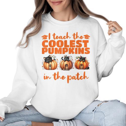 I Teach The Cutest Pumpkins Halloween Teacher Cat Lover Women Crewneck Sweatshirt - teacherstshirts.com UK