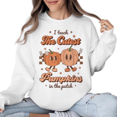 I Teach The Cutest Pumpkins In The Patch Retro Teacher Fall Women Crewneck Sweatshirt - teacherstshirts.com