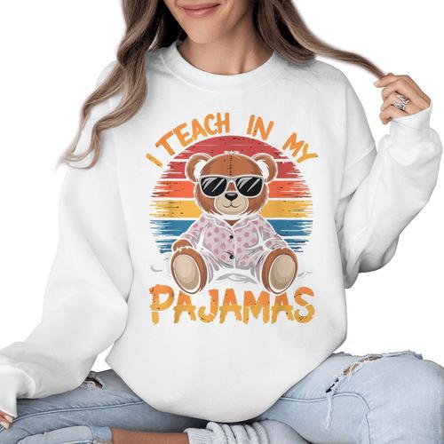 I Teach In My Pajamas Teacher Sunset Bear Retro Women Crewneck Sweatshirt - teacherstshirts.com AU
