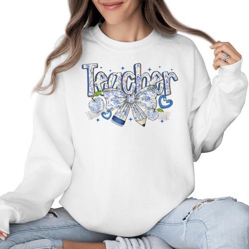 Teacher Blue Chinoiserie Coquette Bow Heart Teacher Life Women Crewneck Sweatshirt - teacherstshirts.com UK