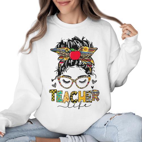Teacher Life Messy Bun Glasses Leopard Sunflower Women Crewneck Sweatshirt - teacherstshirts.com AU