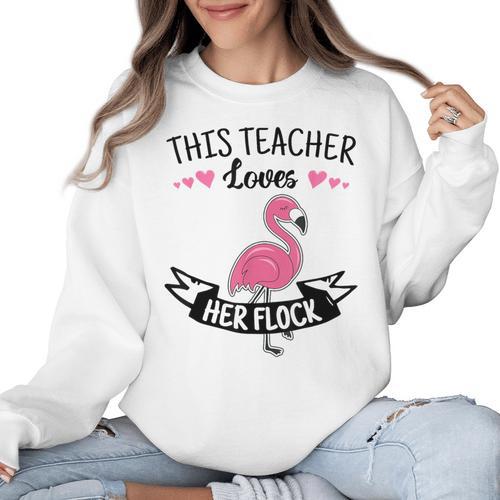 This Teacher Loves Her Flock Cute Flamingo Teacher Women Crewneck Sweatshirt - teacherstshirts.com UK