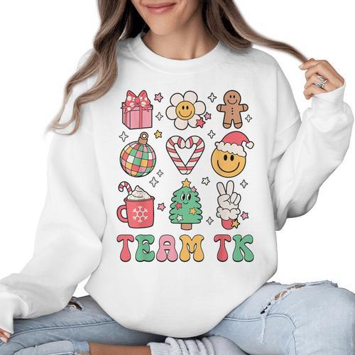 Team TK Teacher Christmas Groovy Smile Face Girl Boy Kid TK Women Crewneck Sweatshirt - teacherstshirts.com