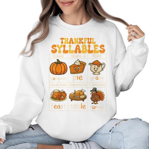 Thankful Syllables Teacher Thanksgiving Educational Kids Women Crewneck Sweatshirt - teacherstshirts.com CA