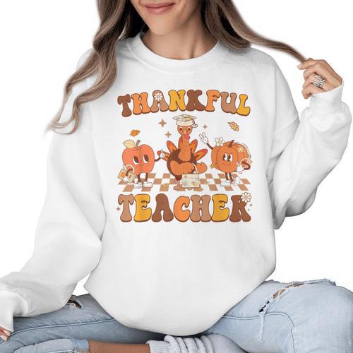 Thankful Teacher Retro Groovy Thanksgiving Fall Women Men Women Crewneck Sweatshirt - teacherstshirts.com UK