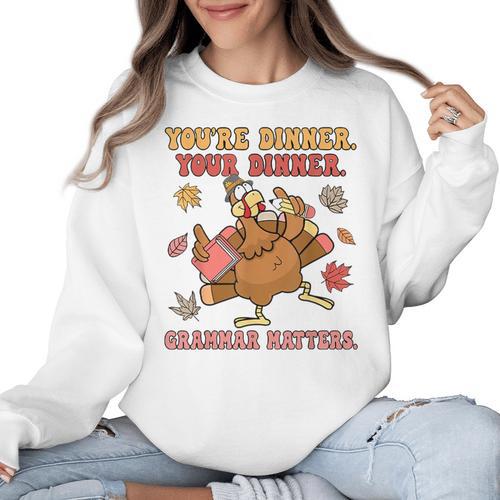 Thanksgiving Grammar Thankful English Teacher Fall Turkey Women Crewneck Sweatshirt - teacherstshirts.com CA