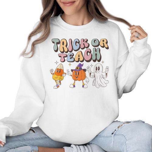 Trick Or Teach Candy Corn Pumpkin Ghost Teacher Women Crewneck Sweatshirt - teacherstshirts.com UK