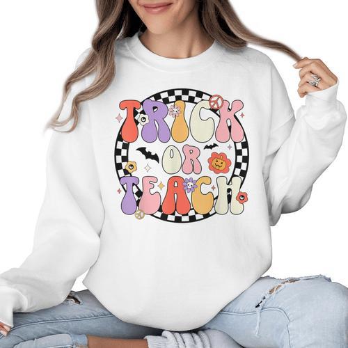Trick Or Teach Retro Groovy Halloween Teacher Women Crewneck Sweatshirt - teacherstshirts.com AU