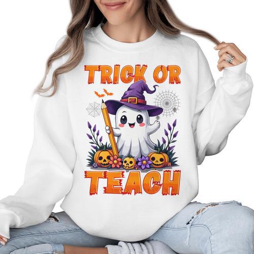 Trick Or Teach Teacher Halloween Ghost Pencil Floral Women Crewneck Sweatshirt - teacherstshirts.com DE