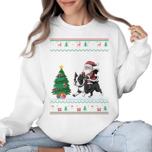 Ugly Christmas Tree Lights Xmas Santa Riding Boston Terrier Women Crewneck Sweatshirt - Bostonterriersmerch.com