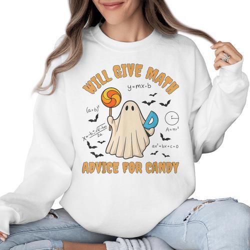 Will Give Math Advice For Candy Math Ghost Teacher Halloween Women Crewneck Sweatshirt - teacherstshirts.com