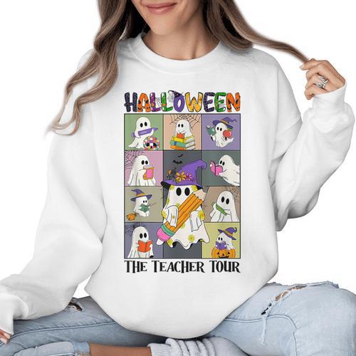 Women Halloween The Teacher Tour Ghosts Pencil Pumpkins Women Crewneck Sweatshirt - teacherstshirts.com