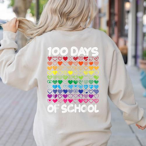 100 Days Of School Heart Love Teacher Or Student 100th Day Women's Sweatshirt Back Print - teacherstshirts.com CA