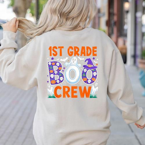 1st Grade Boo Crew First Grade Teacher Kids Happy Halloween Women's Sweatshirt Back Print - teacherstshirts.com AU