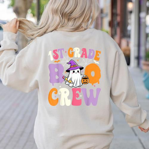 1st Grade Boo Crew Spooky First Grade Halloween Teacher Women's Sweatshirt Back Print - teacherstshirts.com AU