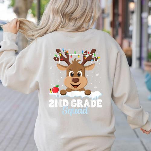 2nd Grade Teacher Christmas Second Grade Squad Reindeer Xmas For Men Women Kids Women's Sweatshirt Back Print - teacherstshirts.com CA