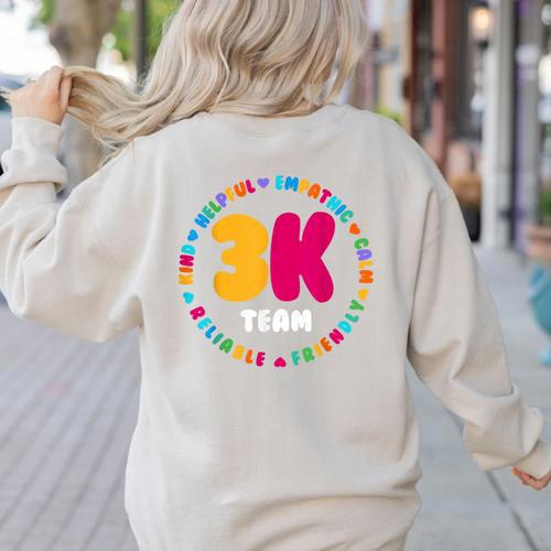 3K Team & Teacher Squad Threes Crew PreK Elementary Team Women's Sweatshirt Back Print - teacherstshirts.com CA