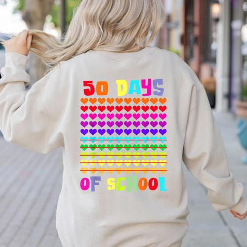 50 Days Of School Hearts Teacher Happy 50th Day Of School Women's Sweatshirt Back Print - teacherstshirts.com CA