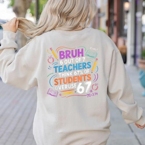 6 Out Of 7 Teachers Think 67 Of Students Overuse 67 Meme Women's Sweatshirt Back Print - teacherstshirts.com