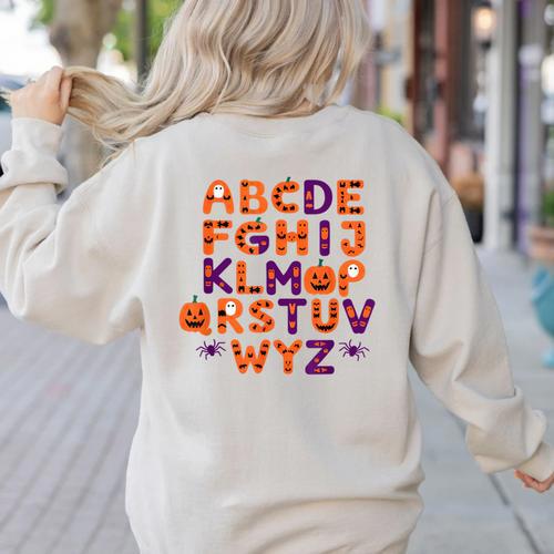 ABCs Learning Kindergarten Teacher Halloween Alphabet Women's Sweatshirt Back Print - teacherstshirts.com AU