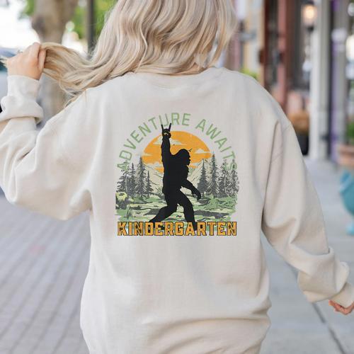 Adventure Awaits Bigfoot Teacher Kindergarten Back To School Women's Sweatshirt Back Print - teacherstshirts.com