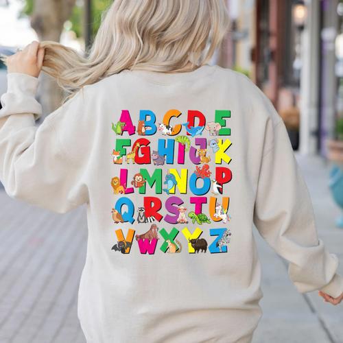 Alphabet Animals ABCs Zoo Kids Boys Girls Teacher Women's Sweatshirt Back Print - teacherstshirts.com AU