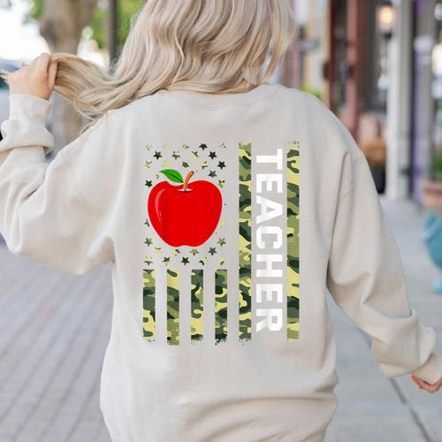 American Flag Camouflage Teacher Patriotic 4th Of July Women's Sweatshirt Back Print - teacherstshirts.com