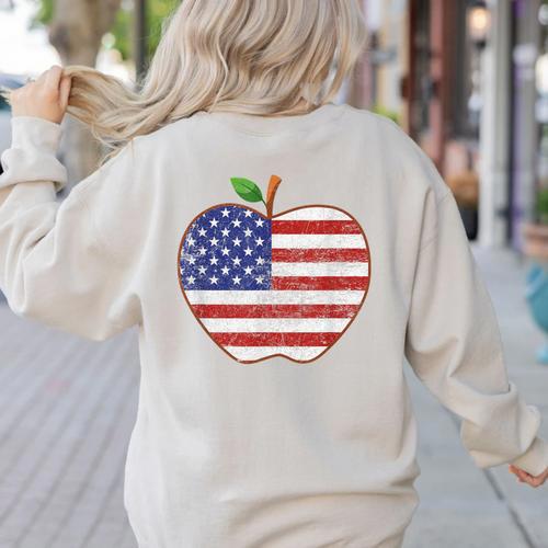 American Flag Teachers Students Apple 4th Of July Vintage Women's Sweatshirt Back Print - teacherstshirts.com AU