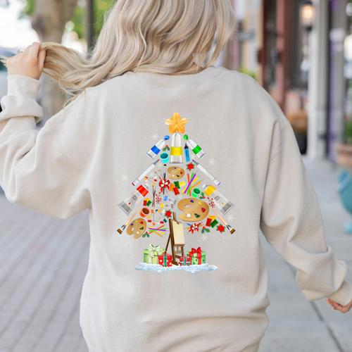 Art Christmas Tree Merry Christmas Artist Art Teacher Women's Sweatshirt Back Print - teacherstshirts.com DE