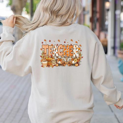 Autumn Pumpkin Thanksgiving Coffee Floral Teacher Fall Women's Sweatshirt Back Print - teacherstshirts.com AU