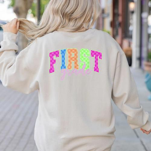 Back To School Neon Checkered First Grade Colorful Teacher Women's Sweatshirt Back Print - teacherstshirts.com AU