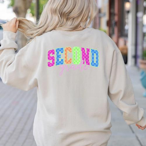 Back To School Neon Checkered Second Grade Colorful Teacher Women's Sweatshirt Back Print - teacherstshirts.com AU