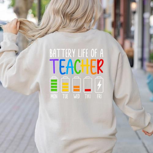 Battery Life Of A Teacher School Teacher Appreciation Women's Sweatshirt Back Print - teacherstshirts.com CA