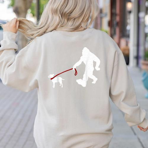 Bigfoot Walking With Bull Terrier Dog Women's Sweatshirt Back Print - Bostonterriersmerch.com