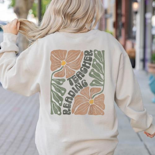 Boho Floral Reading Teacher Retro Reading Specialist Wildfl Women's Sweatshirt Back Print - teacherstshirts.com