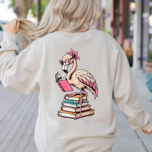 Book Lover Cute Flamingo Reading Teacher Librarian Women Women's Sweatshirt Back Print - teacherstshirts.com CA