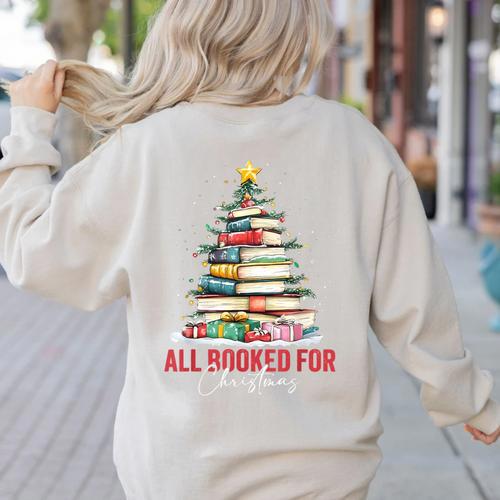 All Booked For Christmas Xmas Tree Teacher Holiday Pajamas Women's Sweatshirt Back Print - teacherstshirts.com AU