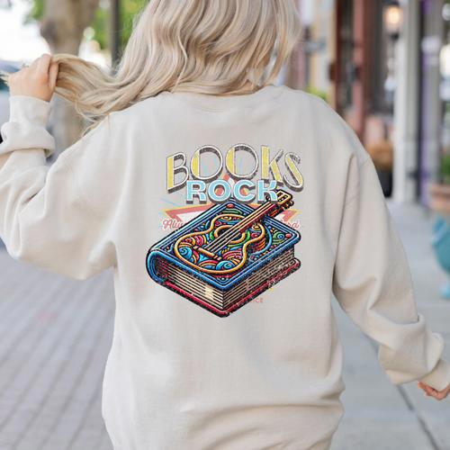 Books Rock Rock'n Roll Science Of Reading Teachers Guitar Women's Sweatshirt Back Print - teacherstshirts.com AU