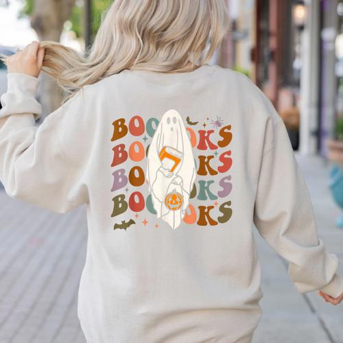 Booooks Ghost Halloween Groovy Vintage Teacher Book Reading Women's Sweatshirt Back Print - teacherstshirts.com AU