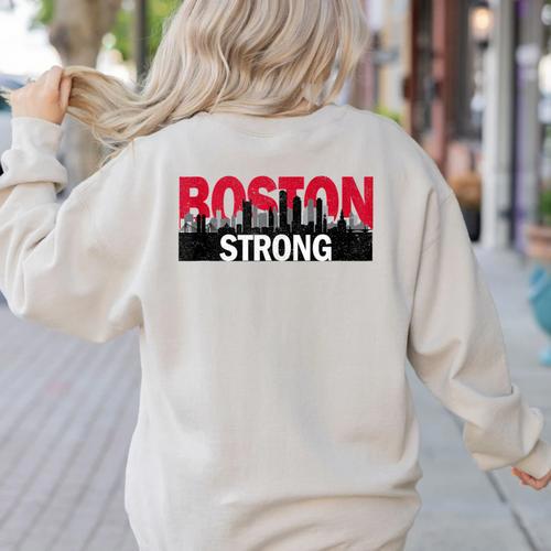 Boston Strong Logo Vintage Boston City Skyline Women's Sweatshirt Back Print - Bostonterriersmerch.com