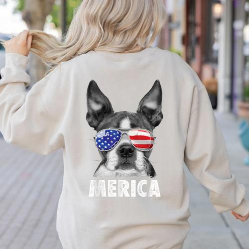 Boston Terrier 4th Of July Merica Men Women USA Flag Vintage Women's Sweatshirt Back Print - Bostonterriersmerch.com