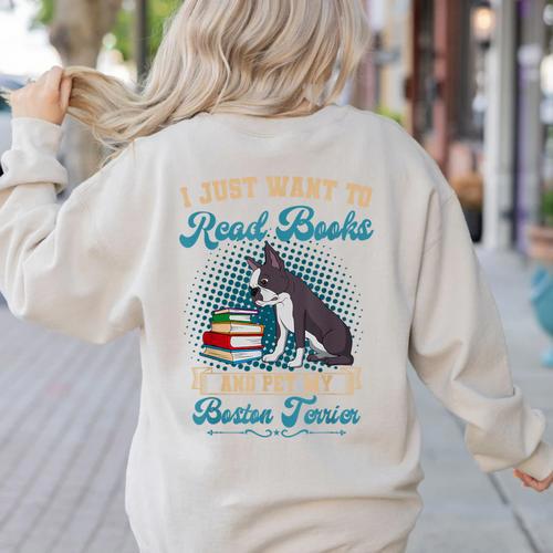 Boston Terrier American Gentleman Bibliophile Book Lover Women's Sweatshirt Back Print - Bostonterriersmerch.com