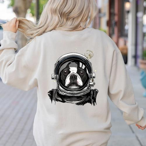 Boston Terrier Astronaut Shirt Spaceman Dog Space Lover Women's Sweatshirt Back Print - Bostonterriersmerch.com