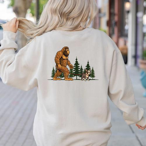 Boston Terrier Bigfoot Dog Walking Dog Mom Dad Kids Women's Sweatshirt Back Print - Bostonterriersmerch.com