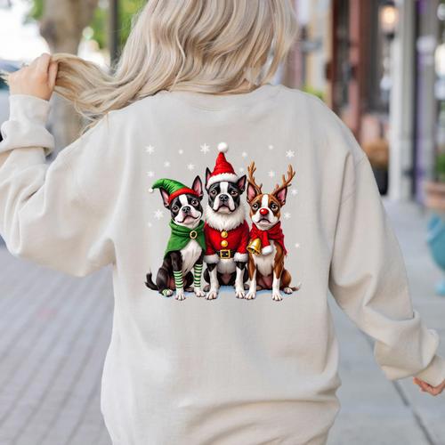 Boston Terrier Christmas Dogs Santa Reindeer Elf Women's Sweatshirt Back Print - Bostonterriersmerch.com