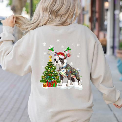 Boston Terrier Christmas Tree Lights Santa Hat Women's Sweatshirt Back Print - Bostonterriersmerch.com