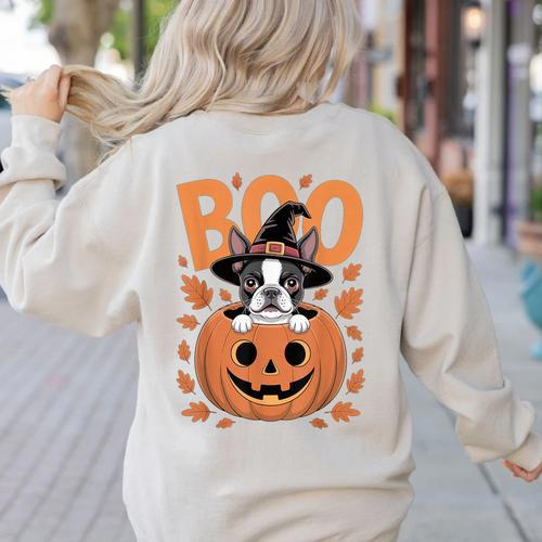 Boston Terrier Costume On Pumpkin Halloween Boston Terrier Women's Sweatshirt Back Print - Bostonterriersmerch.com